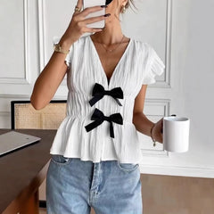 V-Neck Ruffle Cap Sleeve Double Bow Peplum Textured Top