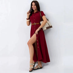 Lapel Single Breasted Short Sleeve Solid A-Line Maxi Shirt Dress