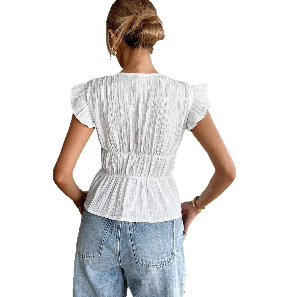 V-Neck Ruffle Cap Sleeve Double Bow Peplum Textured Top
