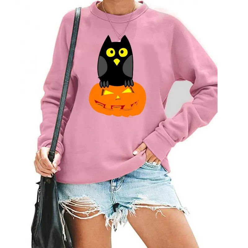 Halloween Owl Pumpkin Print Crew Neck Sweatshirt