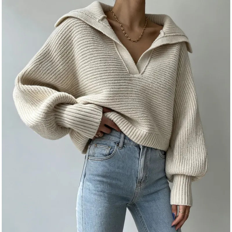 Trendy Wide Collar V Neck Cropped Chunky Knit Pullover Balloon Sleeve Sweater