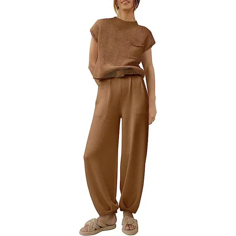 White Knit Short-Sleeve Top & Khaki High-Waisted Pants Two-Piece Set