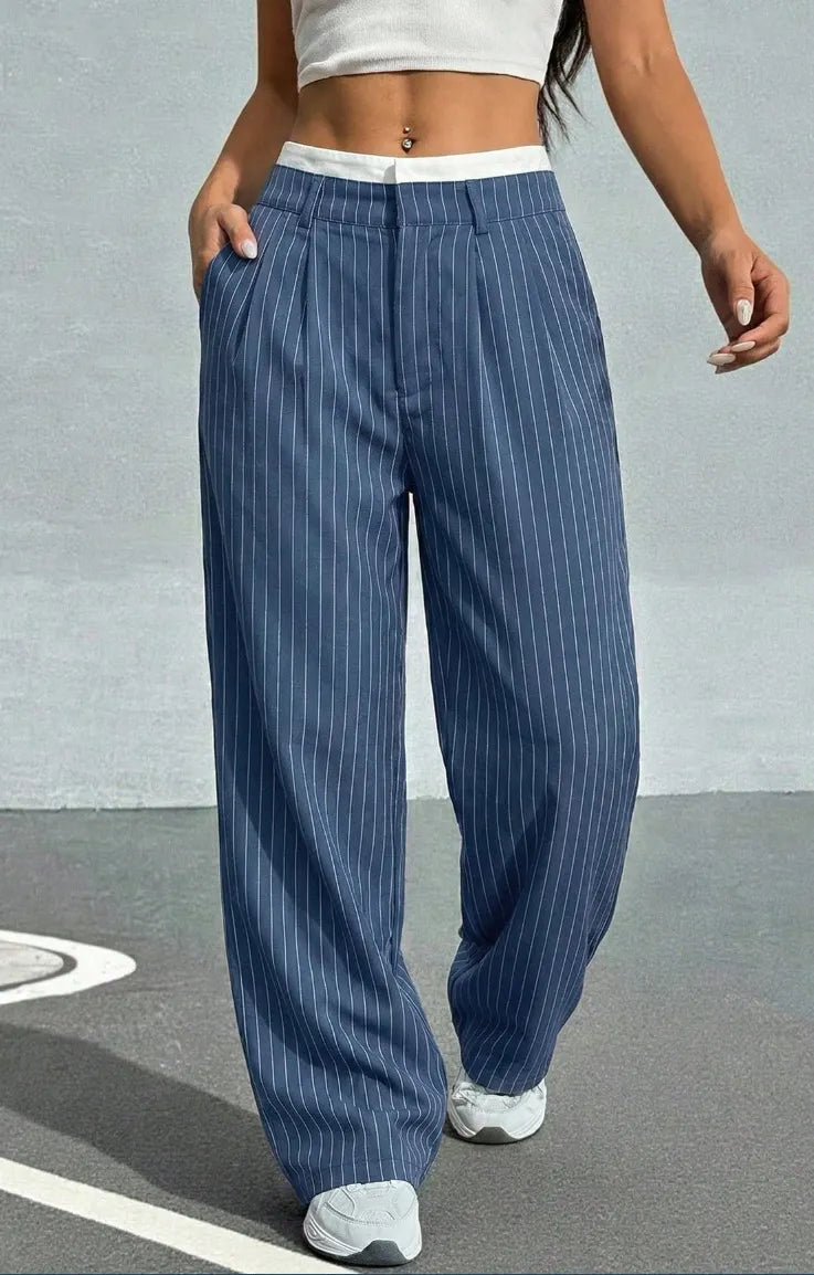 High Waist Striped Loose Wide Leg Suit Pants