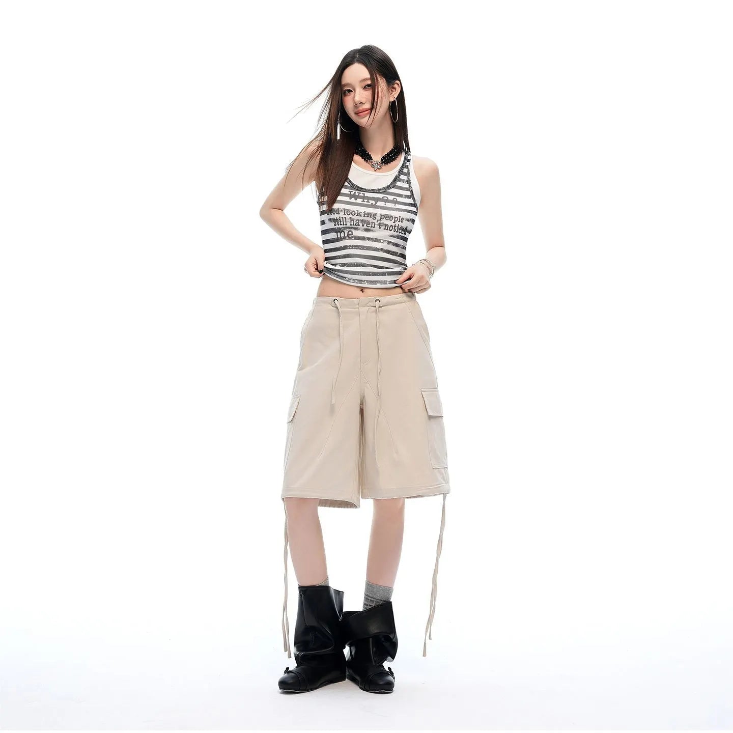High Waist Drawstring Cargo Straight Cropped Casual Shorts