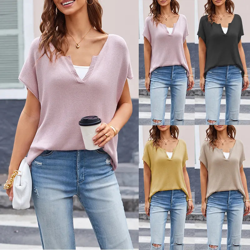 Notched V Neck Cap Short Sleeve Loose Knit Pullover Sweater Top