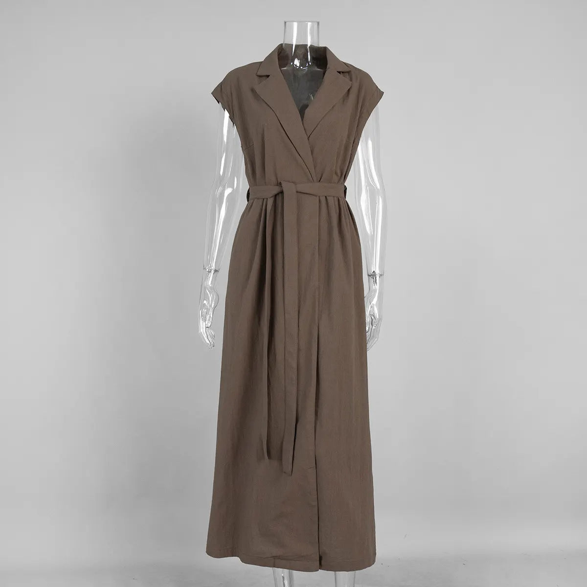 Solid Color Sleeveless Lapel Belted Maxi Shirt Dress