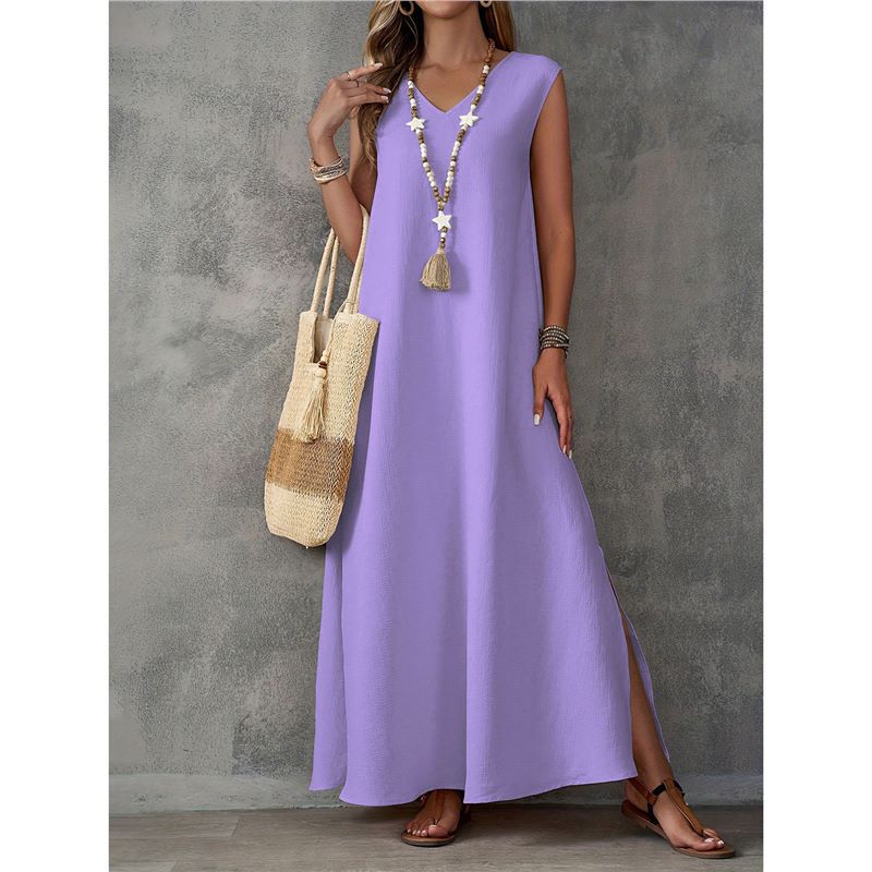 Solid V Neck Sleeveless Side Split Loose Maxi Dress