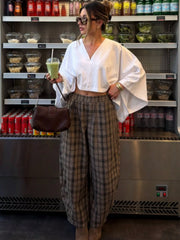 Plaid Elastic Waist Wide Leg Casual Pants