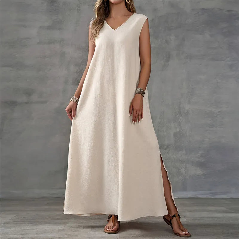 Solid V Neck Sleeveless Side Split Loose Maxi Dress