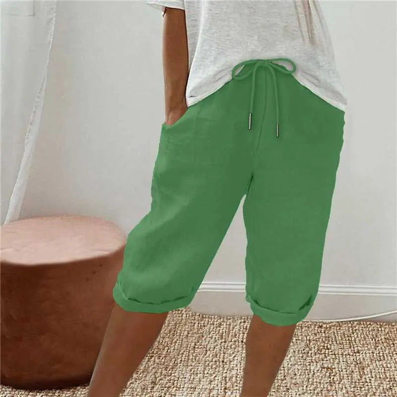 Cotton Linen Drawstring Waist Capri Pants,