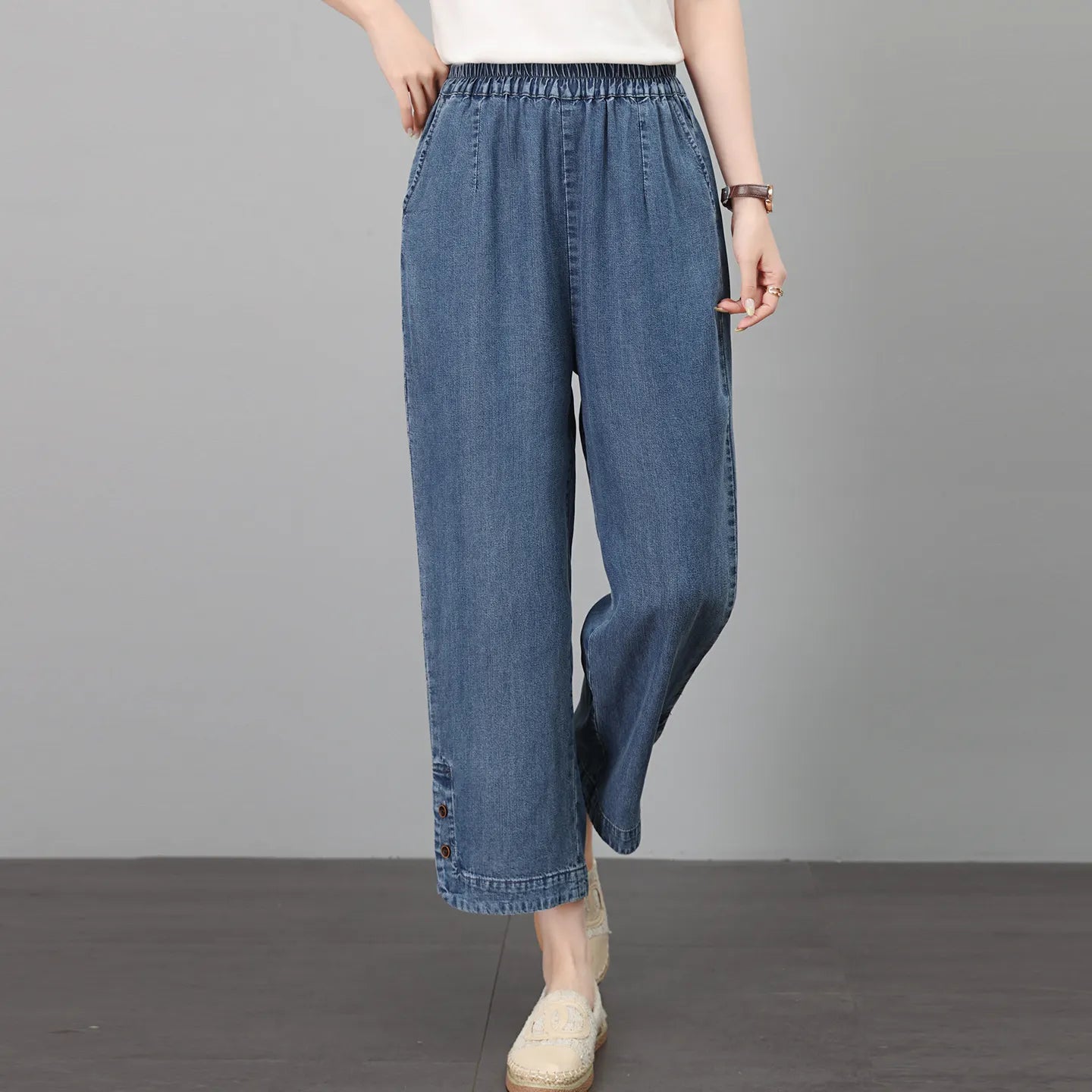 Elastic Waist Nine Point Straight Jeans
