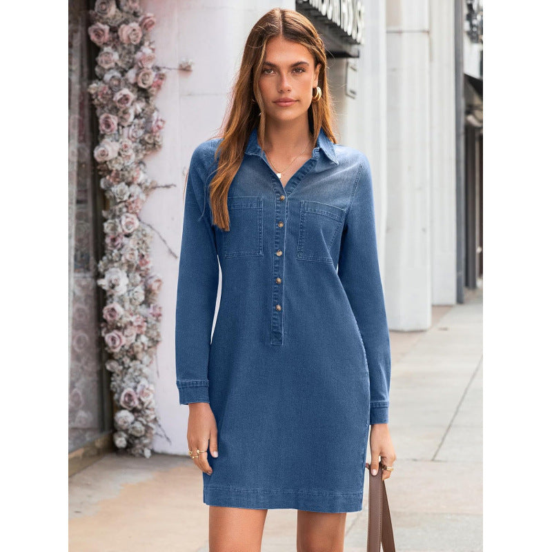 Blue Denim Tunic Dress with Chest Pockets, Collared 3/4 Sleeve Casual Dress