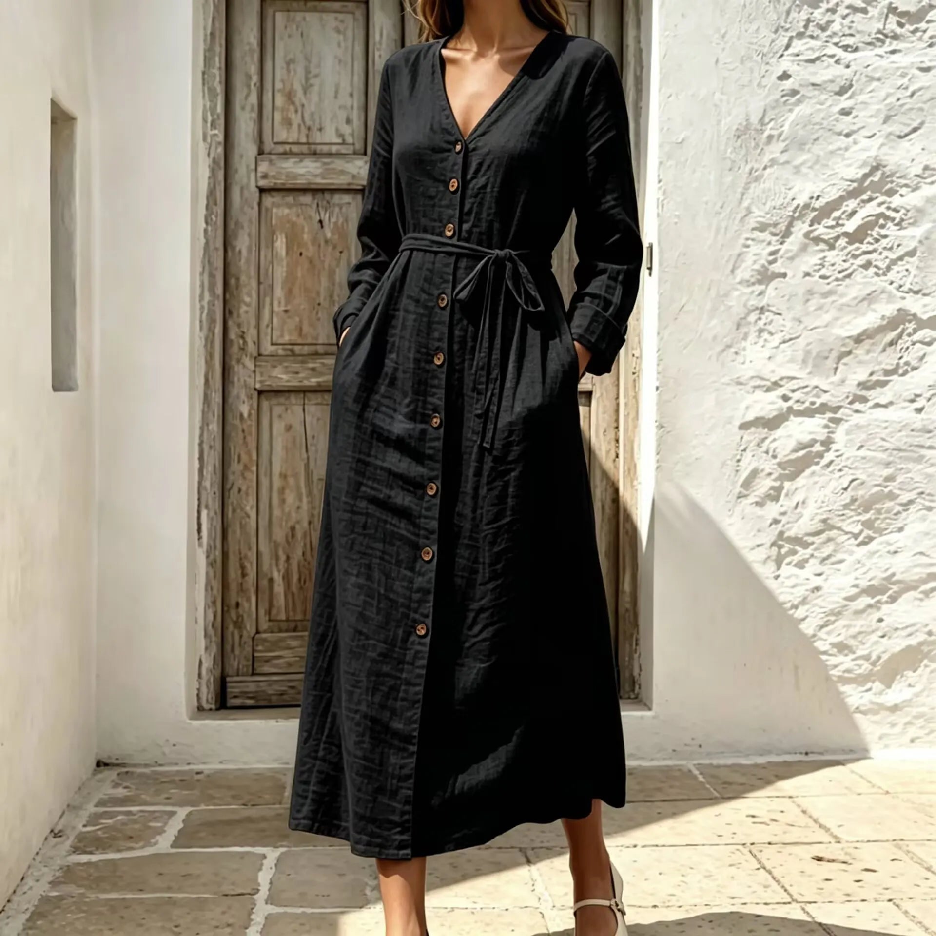 V Neck Long Sleeve Lace-Up Cotton Linen A-Line Maxi Dress