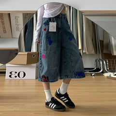 Cartoon Patch Embroidery Vintage Washed Cropped Jeans