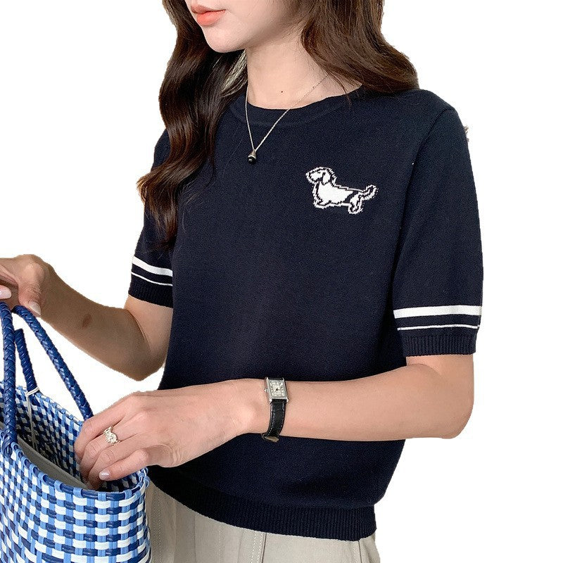 Cute Dog Jacquard Short Sleeve Knit Top