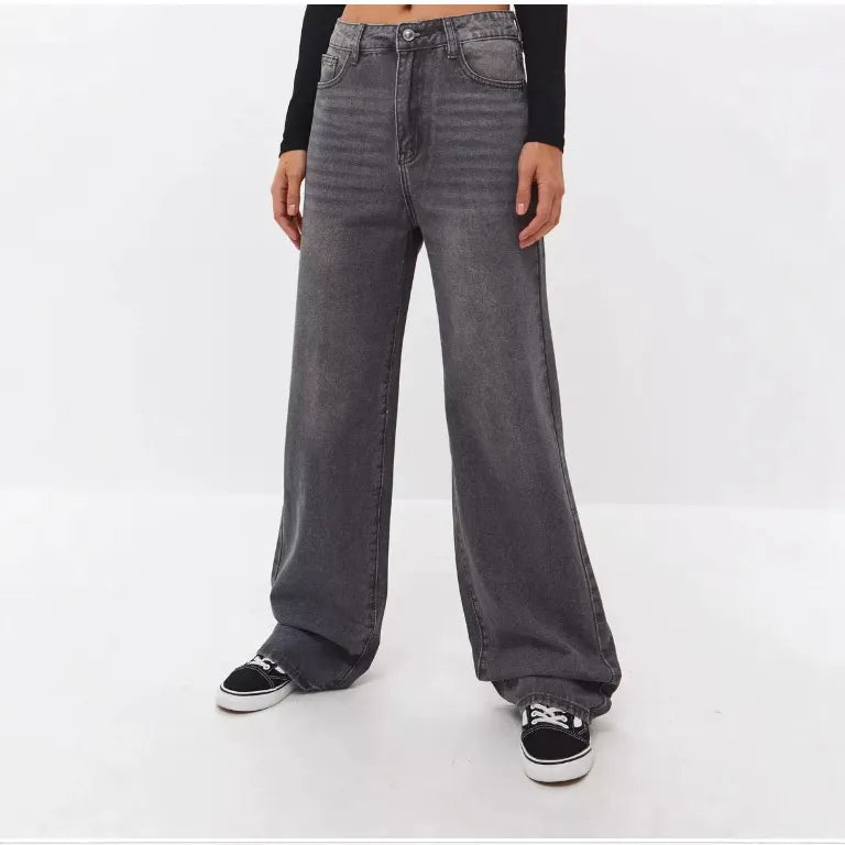 High Waist Stone Washed Grey Slight Stretch Wide Leg Denim Long Jeans
