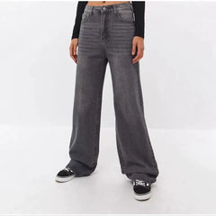 High Waist Stone Washed Grey Slight Stretch Wide Leg Denim Long Jeans