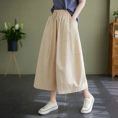 Elastic Waist Pocket Loose Wide Leg Cropped Casual Pants