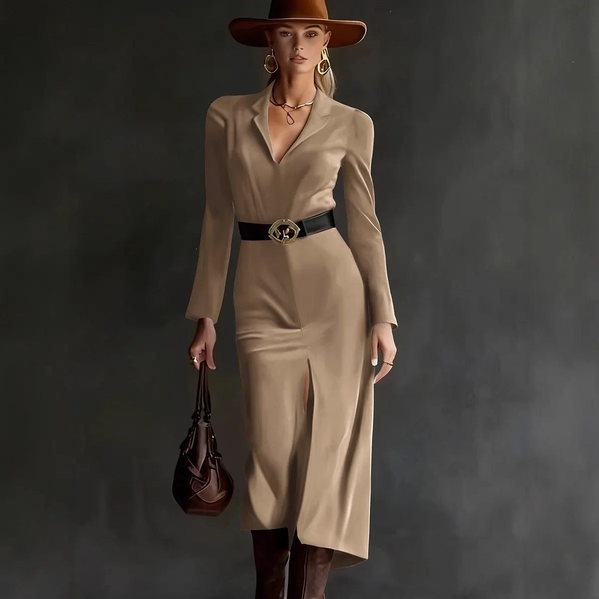 Brown Suede Lapel Long Sleeve Midi Dress With Belt