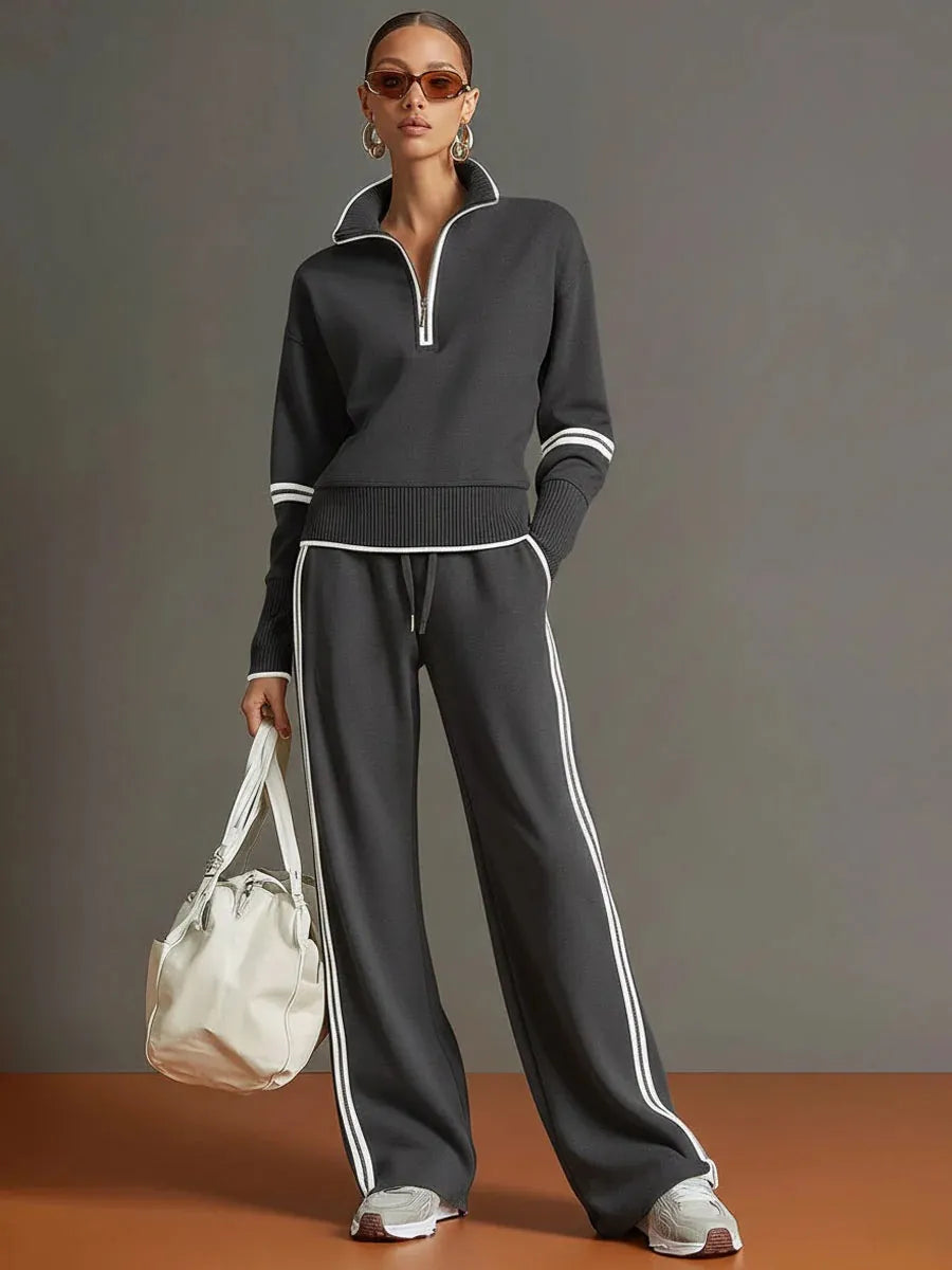 Half-Zip Track Suit, Casual 2-Piece Sweatshirt & Wide Leg Pants Outfit