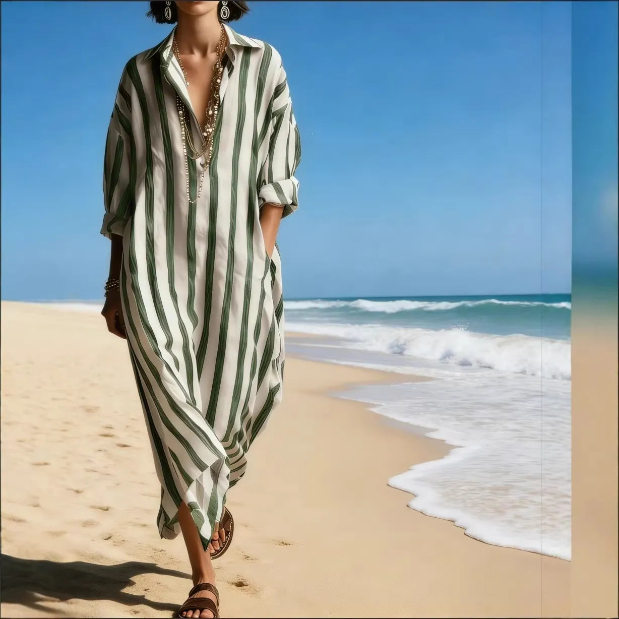 Striped Oversized Lapel Shirt Maxi Dress