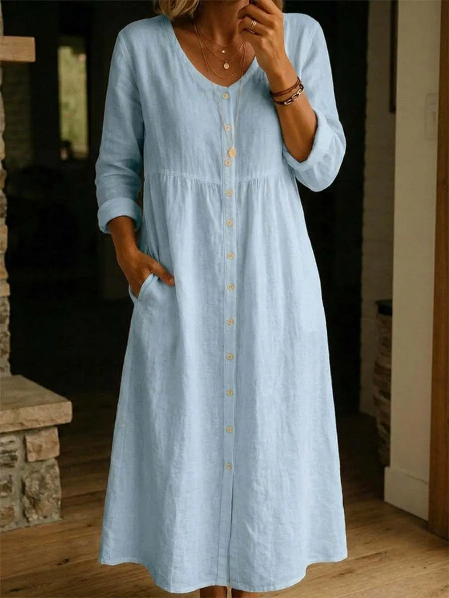 Linen Blend Button Down Midi Dress
