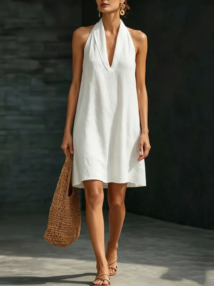 Halter V-Neck Sleeveless Loose A-Line Midi Dress