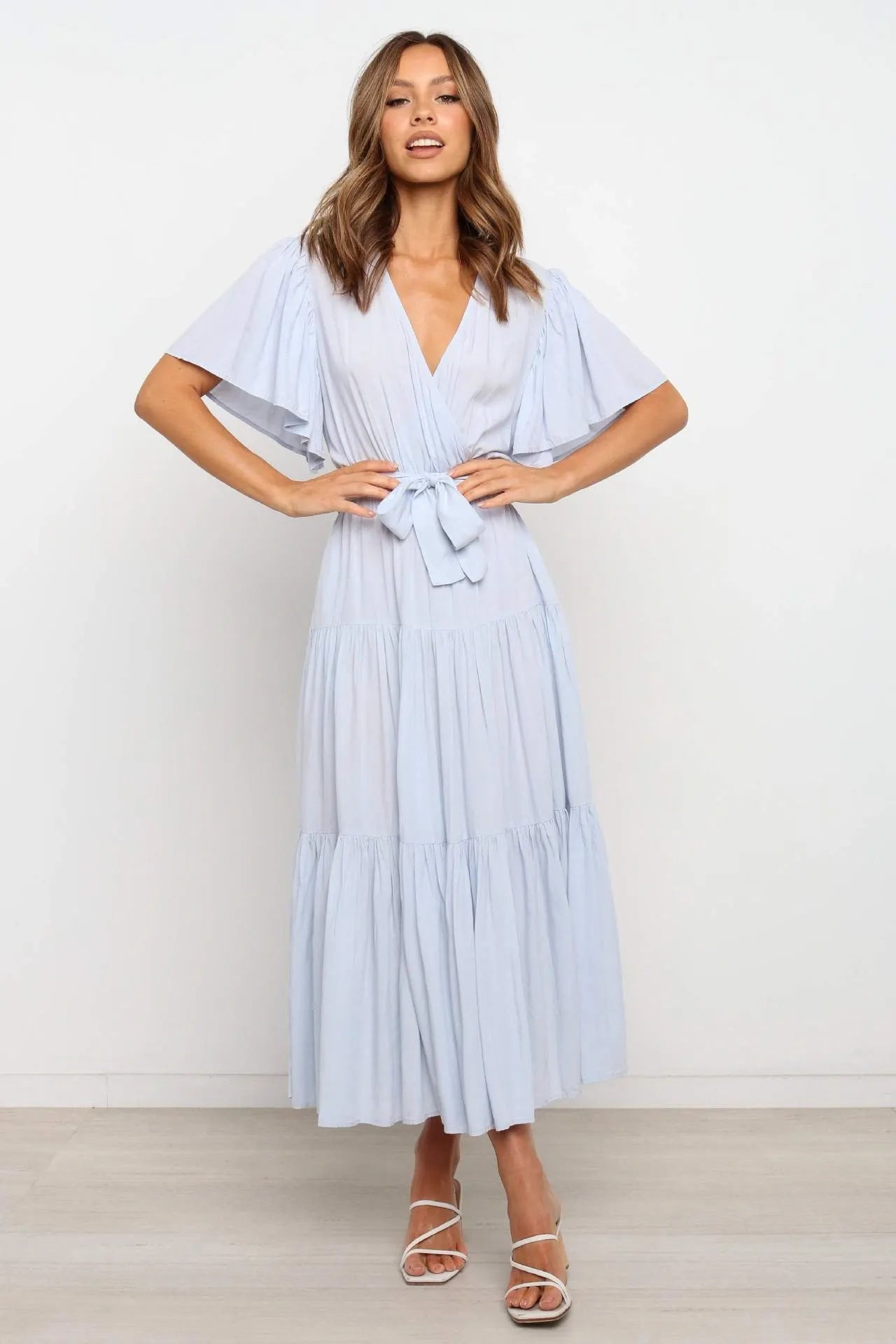 V Neck Flutter Short Sleeve Belted Tiered Maxi Swing Dress