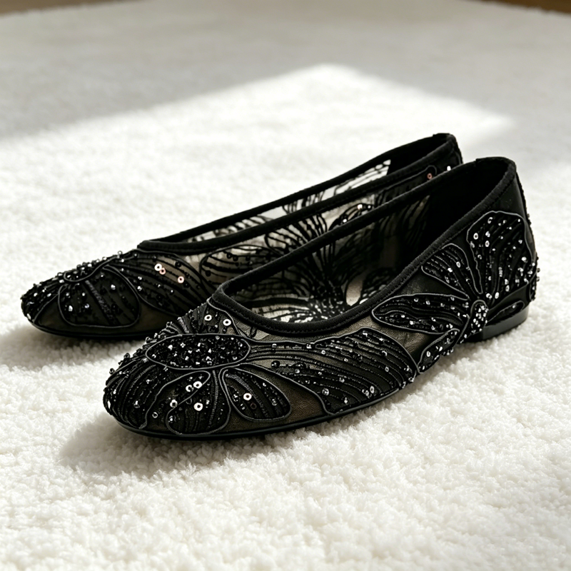 Romantic Sheer Mesh Beaded Ballet Flats, Retro Floral Embroidery Dressy Flat Shoes