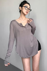 Casual Long Sleeve Lapel Top Tee