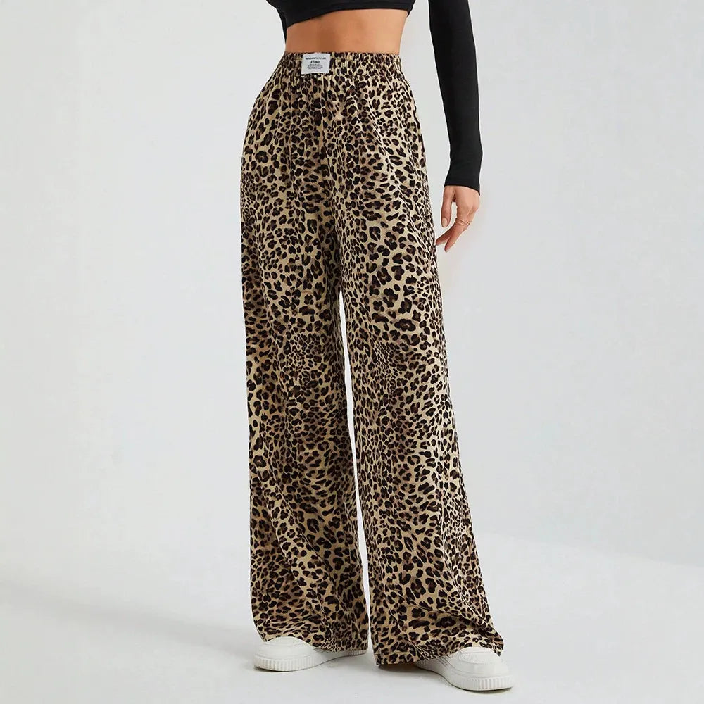 High Waist Leopard Print Straight Wide Leg Pants