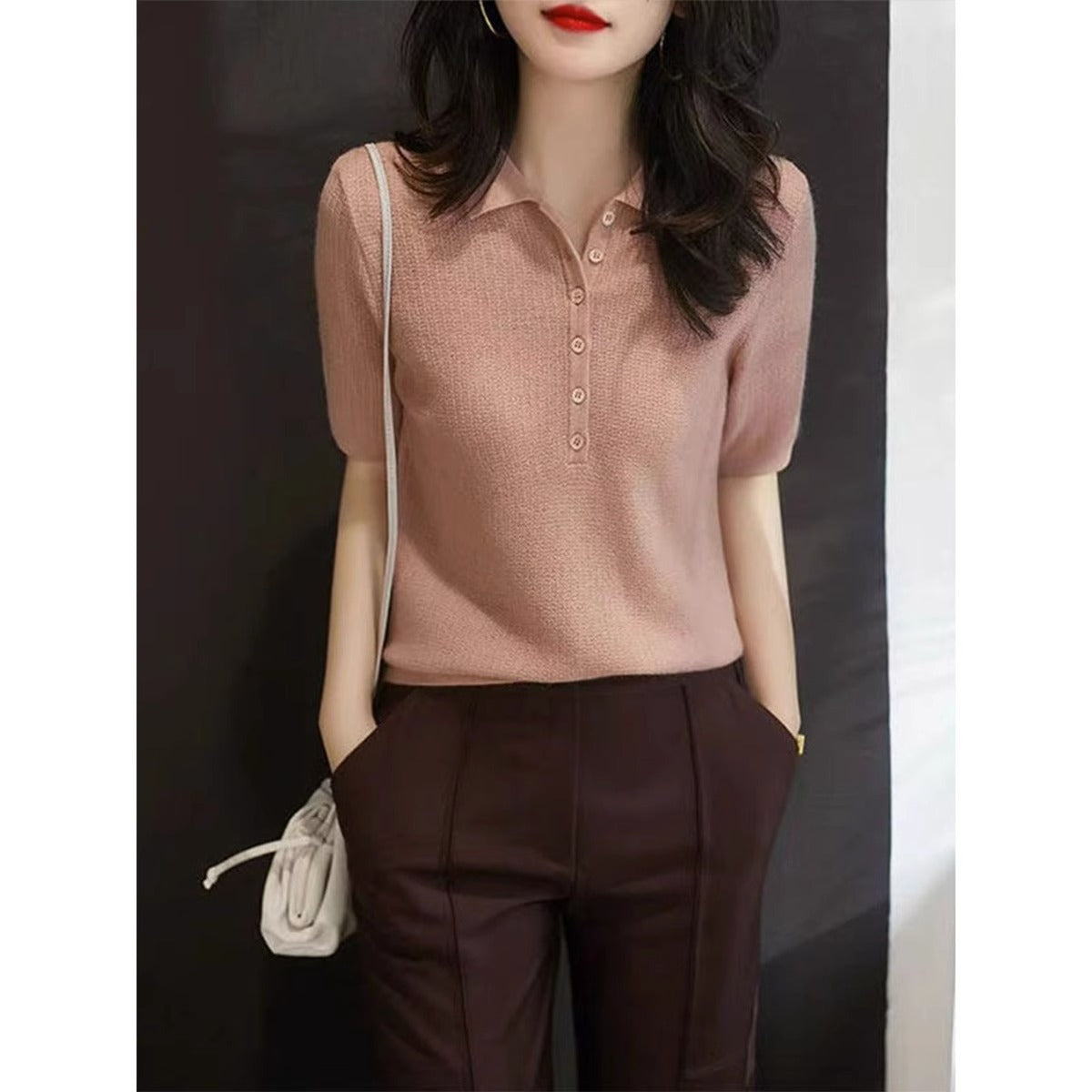 Knit Polo Shirt, Short Sleeve Button Down Casual Blouse