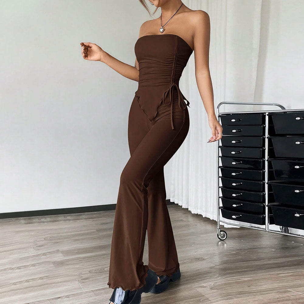Strapless Ruched Drawstring Crop Top & Flare Pants Two Piece Set
