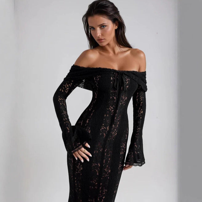 Lace Off-the-Shoulder Maxi Dress, Bell Sleeve Mermaid Formal Gown