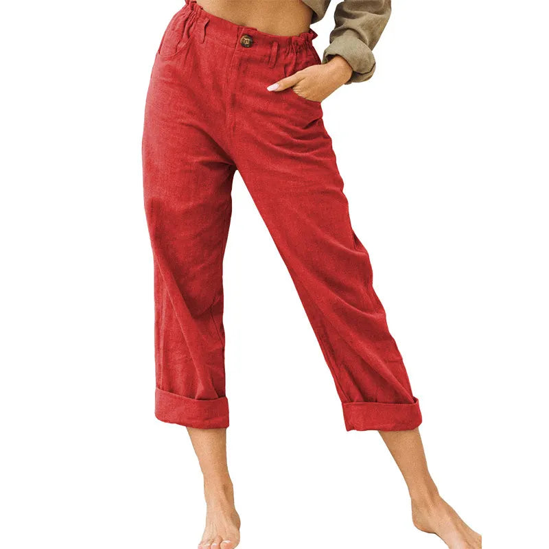 Linen Blend Rolled Cuff Cropped Pants