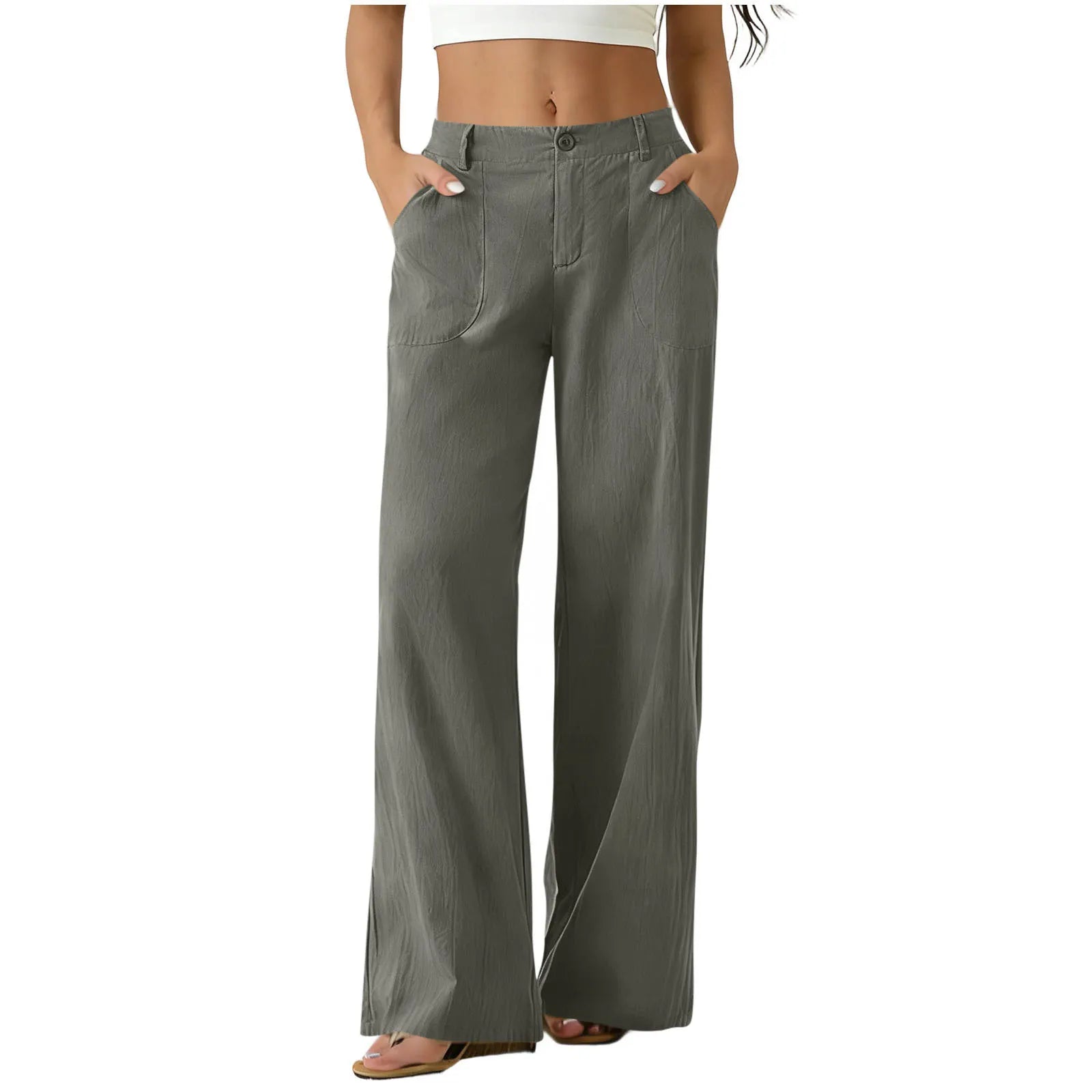 Casual Mid Waist Wide Leg Cotton Linen Pants