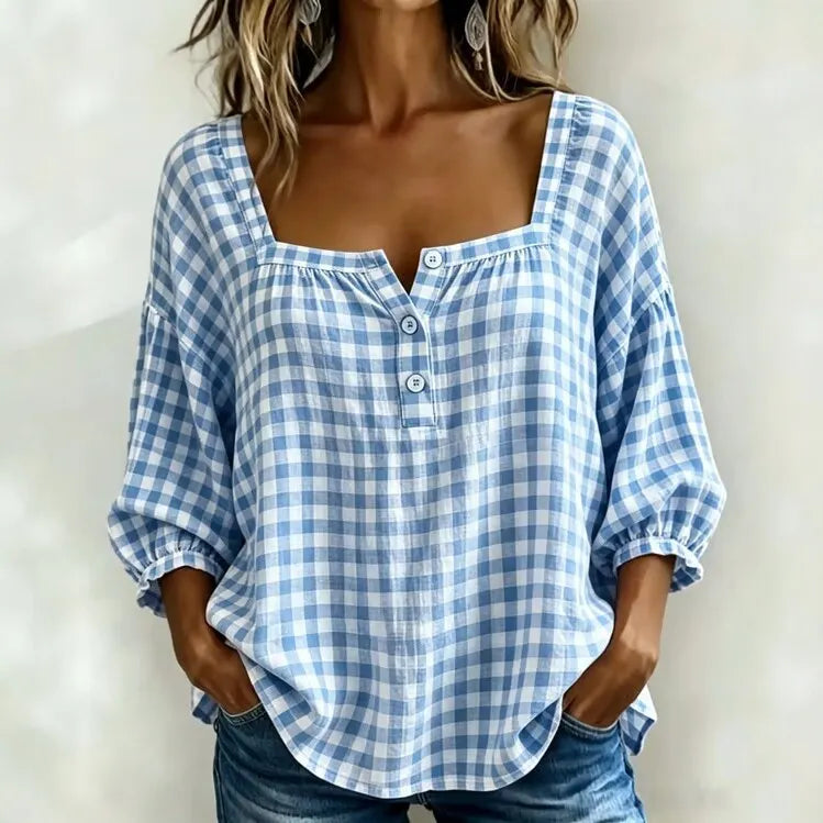 Plaid Square Neck Button Front Bubble 7/4 Sleeve Loose Casual Blouse