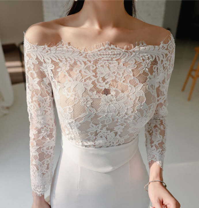 White Off-the-Shoulder Lace Midi Dress, Long Sleeve Bodycon Formal Cocktail Dress