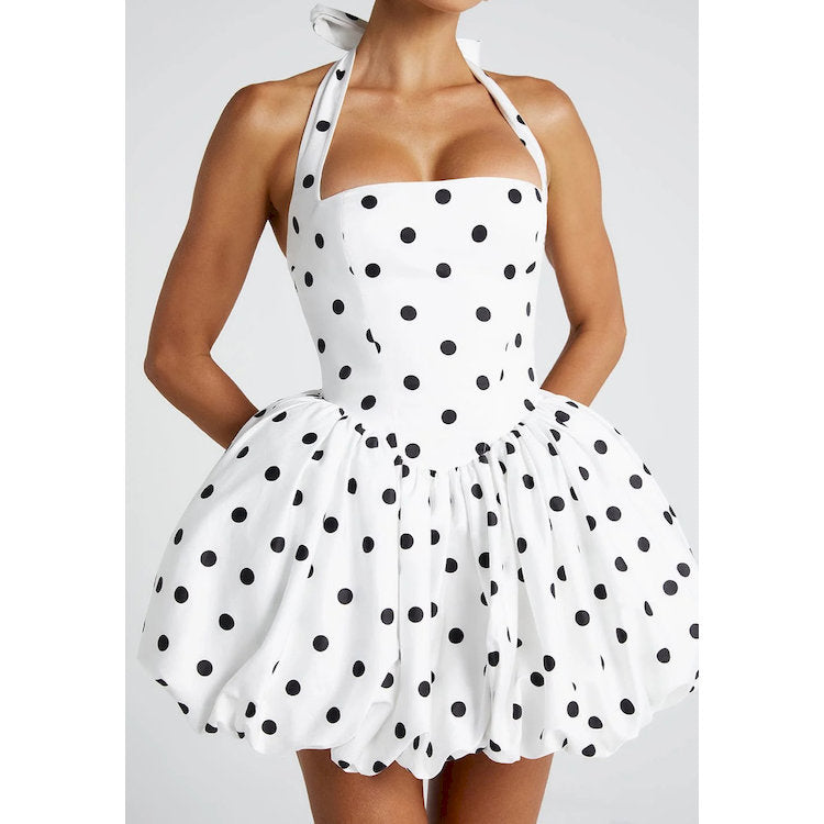 White Polka Dot Halter Neck Bubble Mini Dress