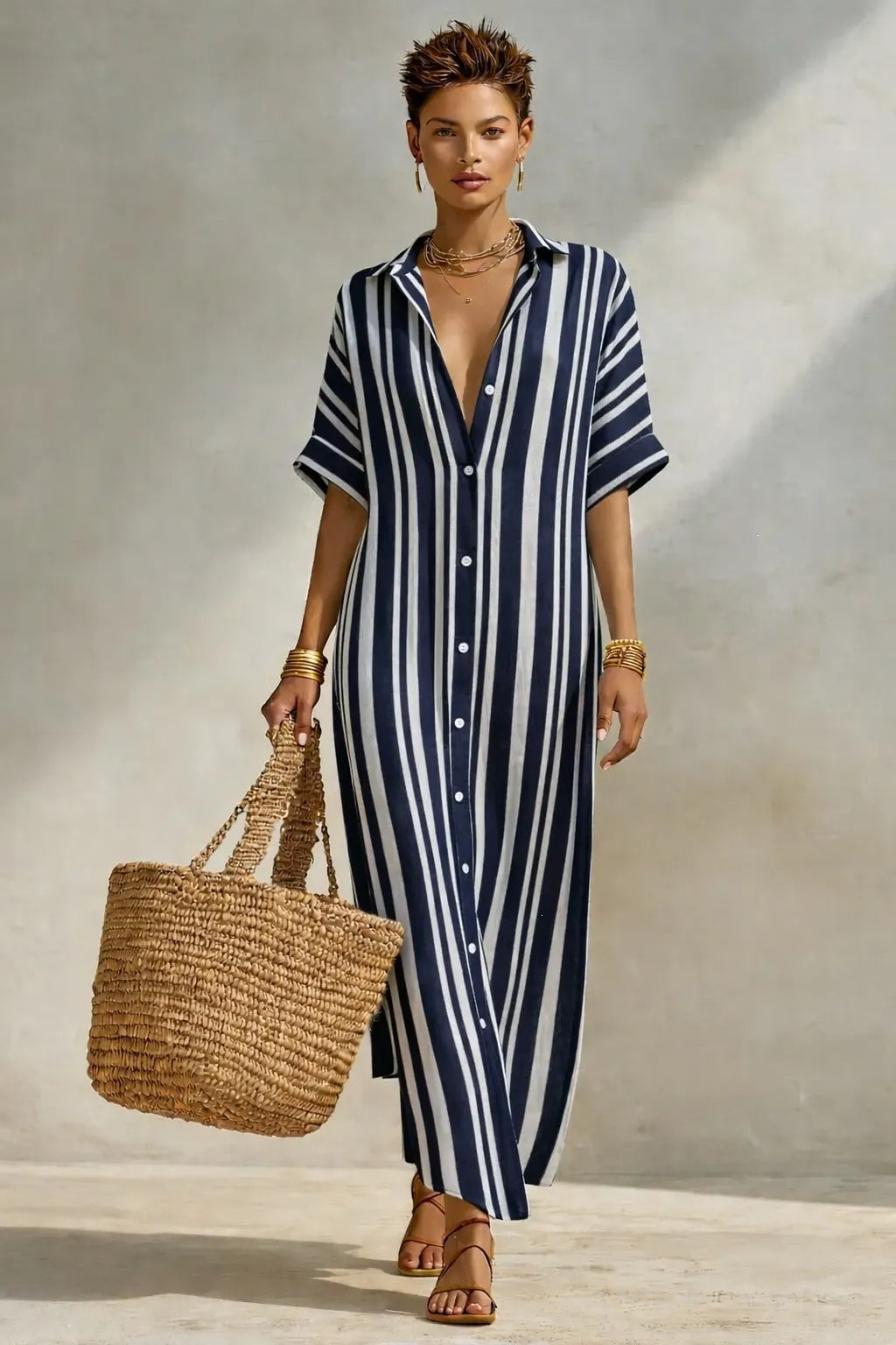 Striped Button Front Shirt Maxi Dress