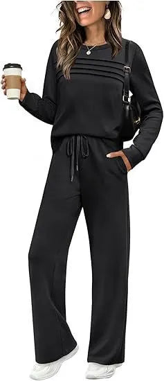 Dark Grey Pleated Detail Top & Drawstring Wide Leg Pants Two Piece Loungewear Set