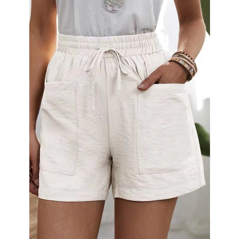 Solid Color Elastic Waist Drawstring Pocket Detail Wide Leg Shorts