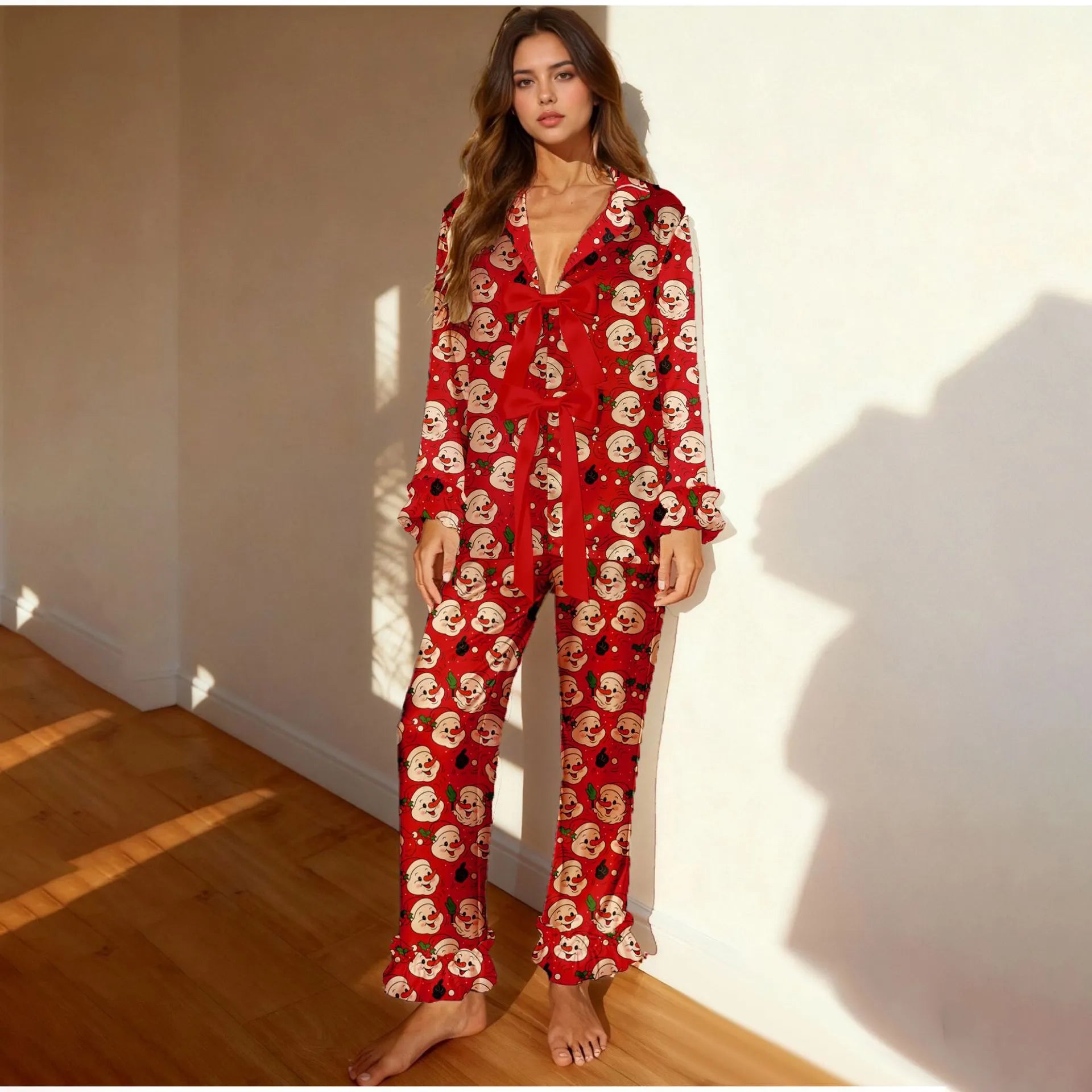 Button Down Ruffle Cuff Long Pants Holiday Loungewear Set