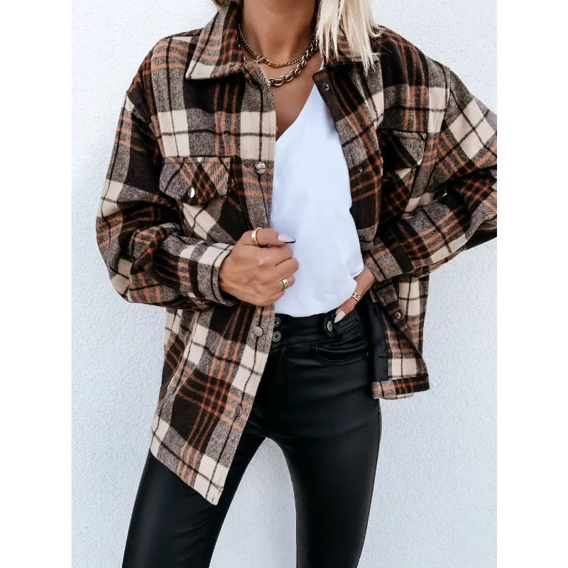 Fall Outfit Brown Check Shacket, Loose Fit Flannel Plaid Shirt Coat