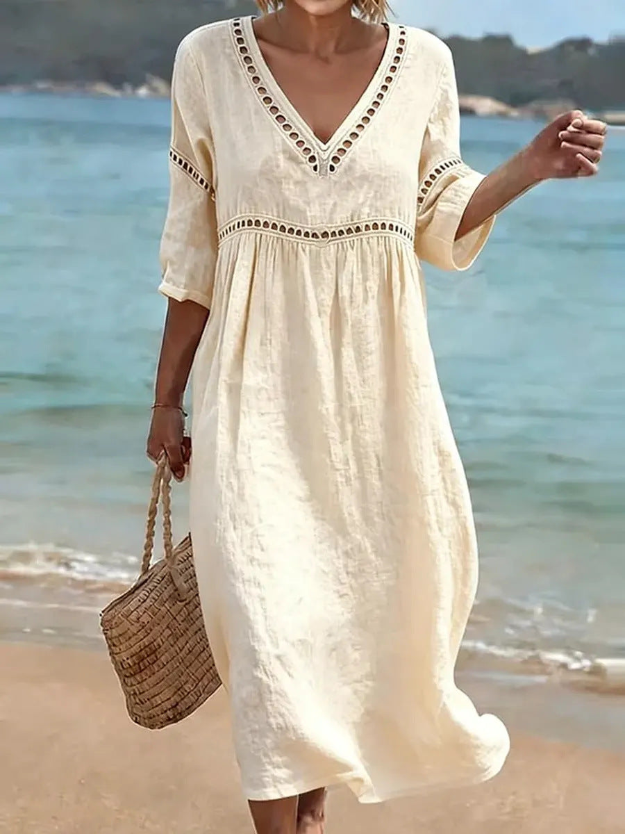 Deep V Neck Embroidery Trim Loose Cotton Linen Pull Pleat Maxi Dress
