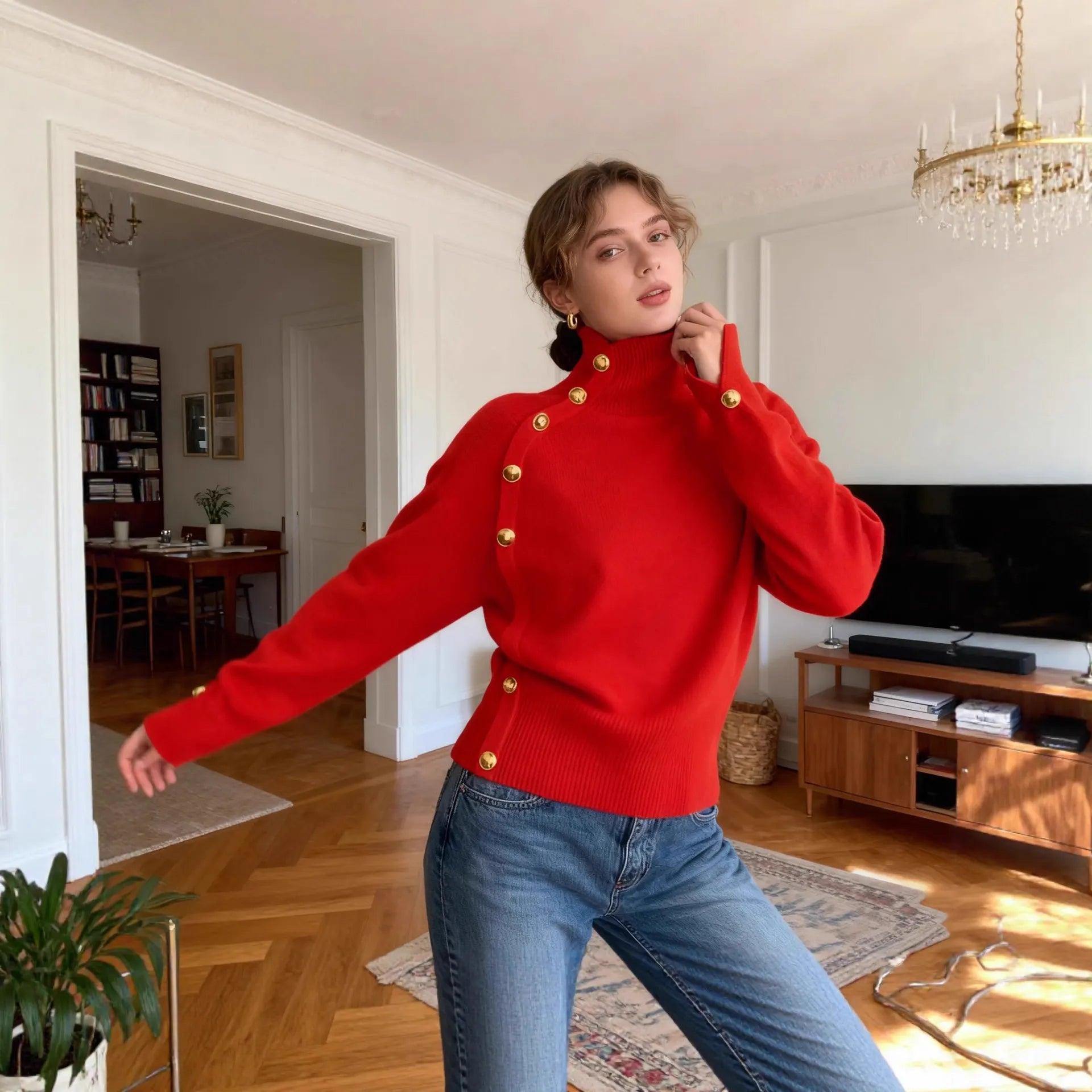 Chic Blue Turtleneck Knit Sweater, Statement Side Gold Buttons Casual Fall Winter Top