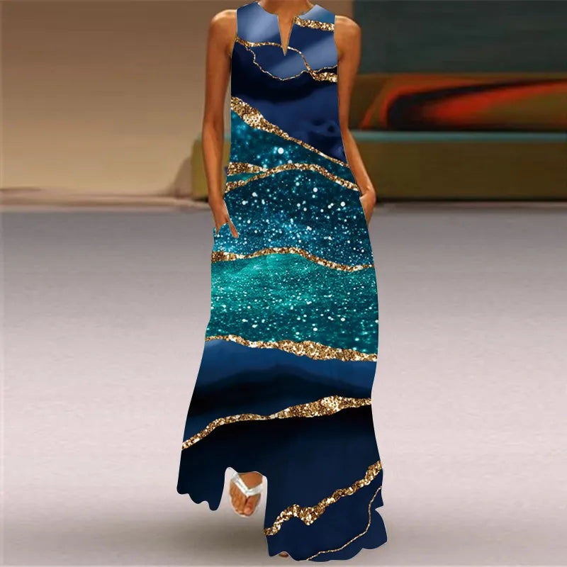 3D Butterfly Print V-Neck Sleeveless Loose A-Line Maxi Dress