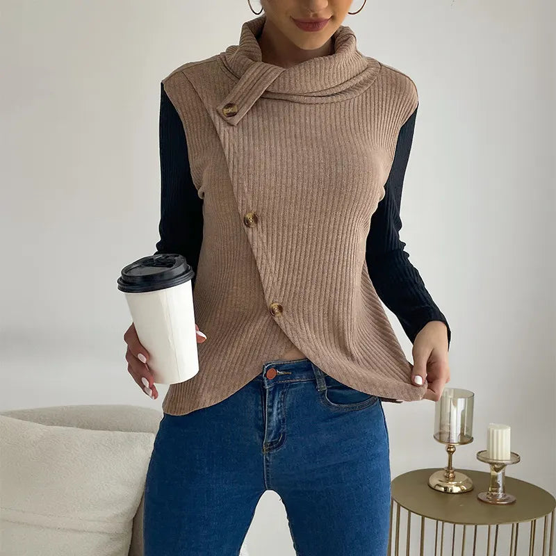 Irregular Spliced Stacked Collar Pullover Sweater