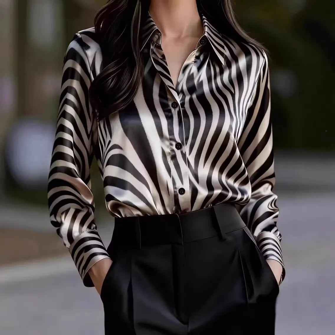 Zebra Print Satin Long Sleeve Button Down Shirt,
