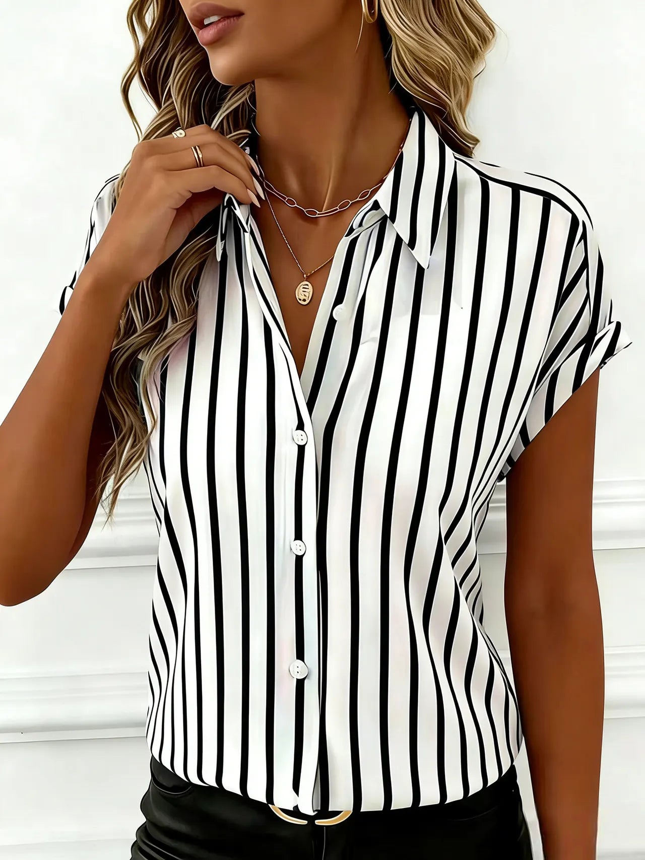 Vertical Stripe Cuffed Short Sleeve Shirt